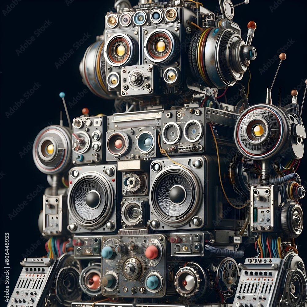 A robot made of analog stereo equipment , digital art. A robot made of analog stereo equipment , digital art.