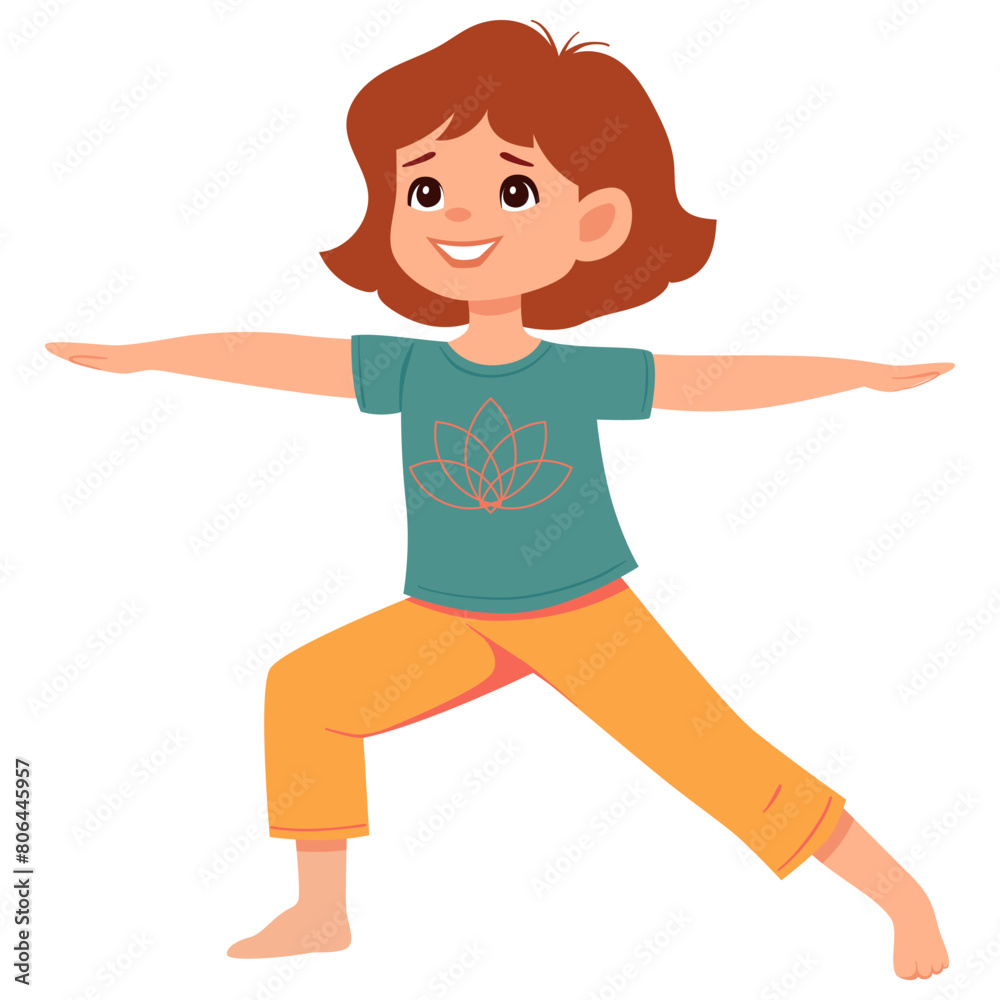 Kid girl doing yoga Warrior 2 or Virabhadrasana II. Fitness concept. Flat vector illustration Kid girl doing yoga Warrior 2 or Virabhadrasana II. Fitness concept. Flat vector illustration
