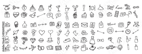 Hand Drawn Wedding & Marriage Icons Set.Full Color Sketched Illustrations Collection in Black & White.