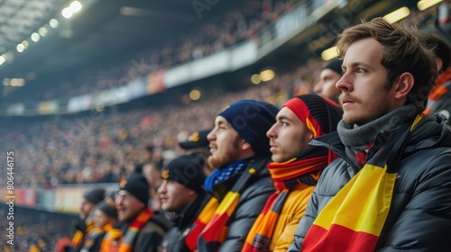 Belgian Soccer Fans Cheering for National Team Rode Duivels/Diables Rouges in Stadium photo