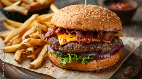 Cheeseburger with Bacon, Sauteed Onions, and Seasoned Fries