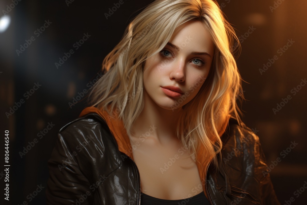 Intense gaze of a blonde woman in a leather jacket Intense gaze of a blonde woman in a leather jacket