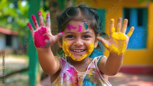 Smiling child with colorful painted hands