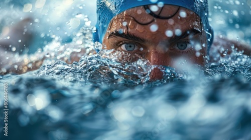 Competitive Swimmer in Action: Blue Waters, Powerful Strokes, and Splashing Waves - Athlete Dominating the Pool or Open Water © hisilly