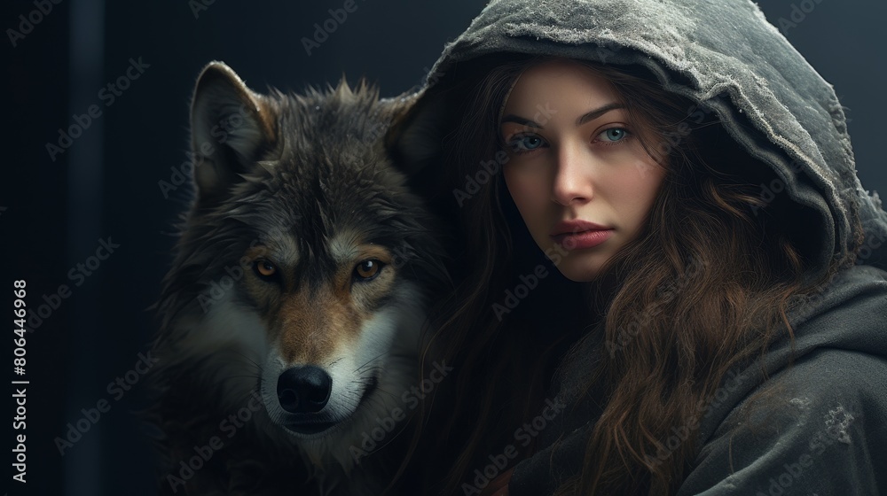 Fototapeta premium mysterious woman with wolf in dark forest