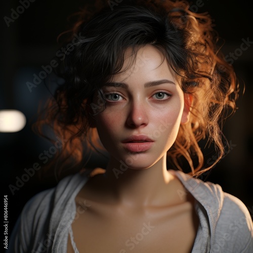 Dramatic portrait of a young woman with dark hair and intense gaze