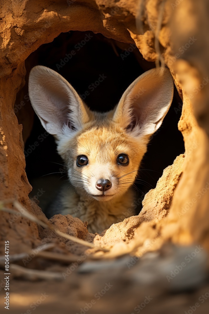 Obraz premium curious desert fox peeking out of burrow