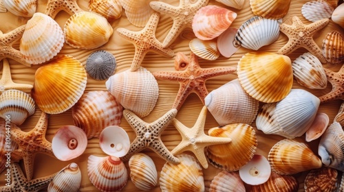 Assortment of seashells and starfish on wooden surface