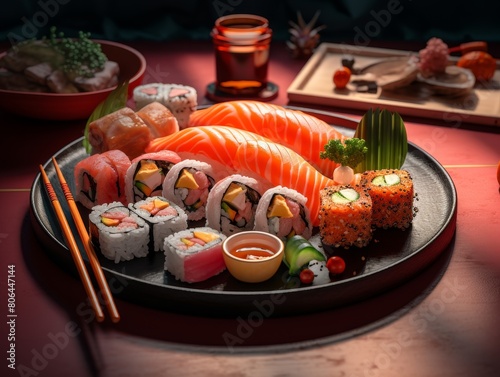 Delicious Japanese sushi platter with various rolls and nigiri