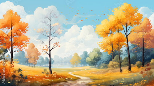 Peaceful Autumn Park Scene with Golden Trees and Pathway