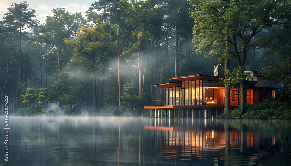 Fototapeta premium A peaceful lakeside retreat, surrounded by towering trees and mirrored in the calm water