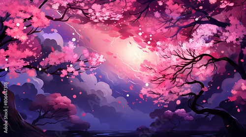 Surreal Cherry Blossom Treescape with Luminous Pink Flowers photo