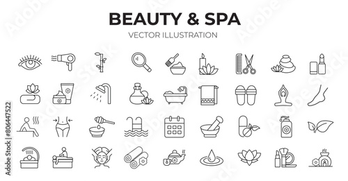 Beauty & Spa editable stroke outline icons set. Beauty, yoga, aromatherapy, spa, skin care, massage and cosmetics. Vector illustration.