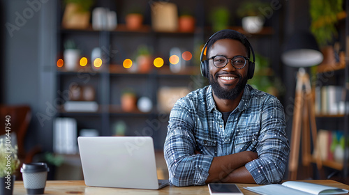 Smiling African American man with glasses and headphones sits at desk, arms crossed, laptop, phone, notebook, and coffee beside him. photo