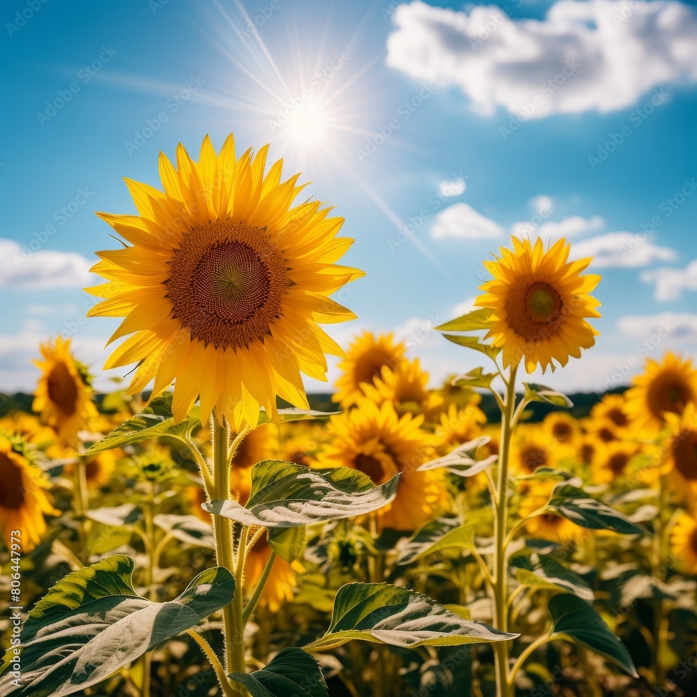Fototapeta premium Bright sunflowers blooming under a sunny sky