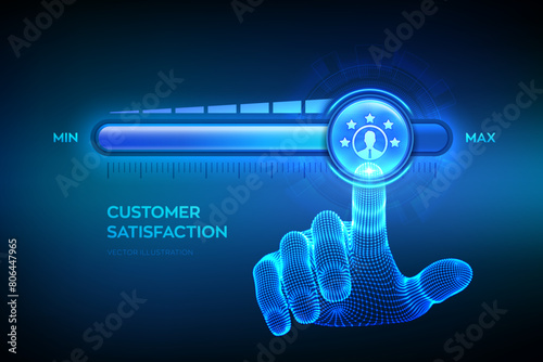 Customer satisfaction. Customer survey and feedback analytics. Using AI and automation technology in marketing. Wireframe hand is pulling up to the maximum position progress bar. Vector illustration.