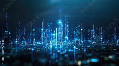 Futuristic smart city depicted with illuminated connection lines on a dark background, symbolizing digital connectivity, Ai Generated.