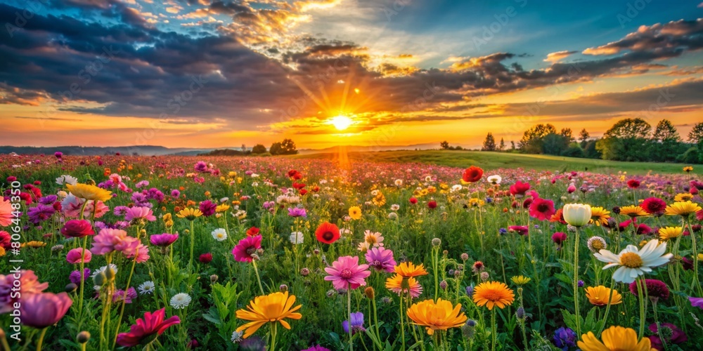 Sunset over a vibrant meadow of wildflowers in full bloom