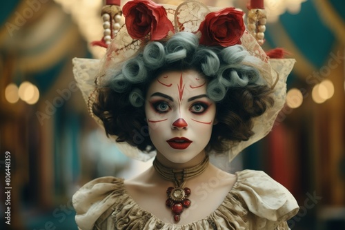 Mysterious clown-like figure with elaborate makeup and costume