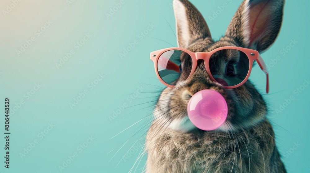 Stylish Rabbit Chewing Bubble Gum with Sunglasses on Teal Background