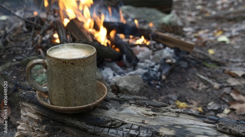 A glass of coffee placed on wood with a campfire in the background while camping