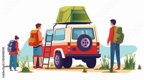 people with backpacks near travel car on camping adventure tour or holiday forest summer vacation picnic relaxation concept