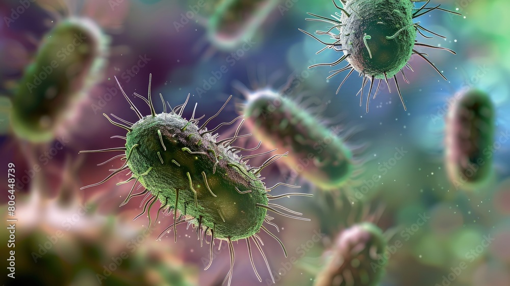 Fototapeta premium Macro view of various microbes virus cells and bacteria against abstract backdrop. Ai Generated