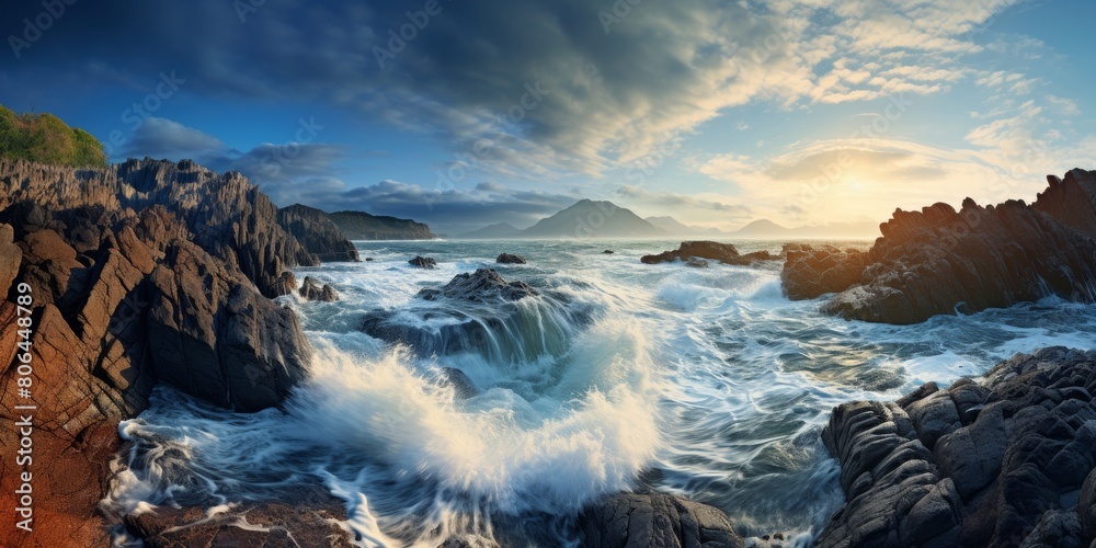 Fototapeta premium Dramatic seascape with crashing waves and rugged cliffs at sunset