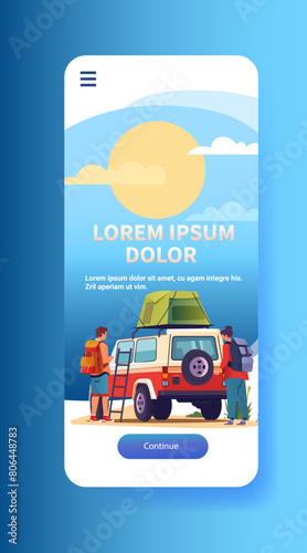 people with backpacks near travel car on camping adventure tour or holiday forest summer vacation picnic relaxation concept
