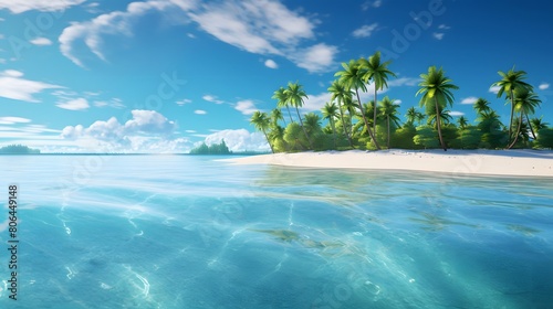Panorama of a tropical beach with palm trees and turquoise water