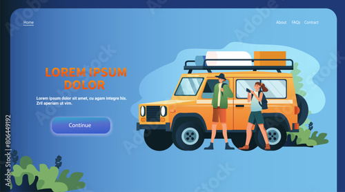 people with backpacks near travel car on camping adventure tour or holiday forest summer vacation picnic relaxation concept