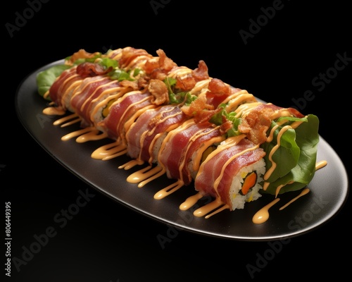 Delicious sushi roll with bacon and vegetables