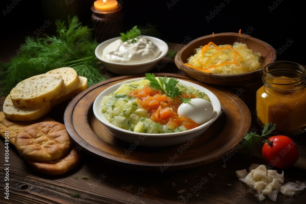 Hearty homemade vegetable stew with bread and garnishes Hearty homemade vegetable stew with bread and garnishes