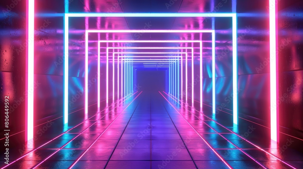 Neon-lit tunnel with laser beams creates futuristic backdrop. Abstract tech vibe. Ai Generated
