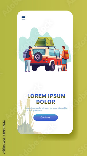 people near travel car on camping adventure tour or holiday forest summer vacation picnic relaxation concept vertical copy space