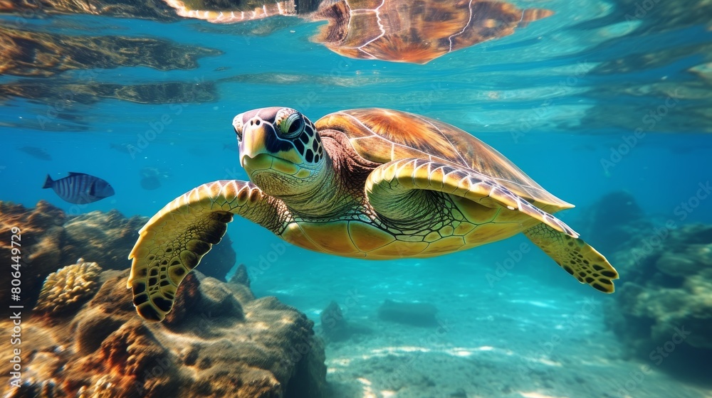 Obraz premium Colorful sea turtle swimming in tropical ocean