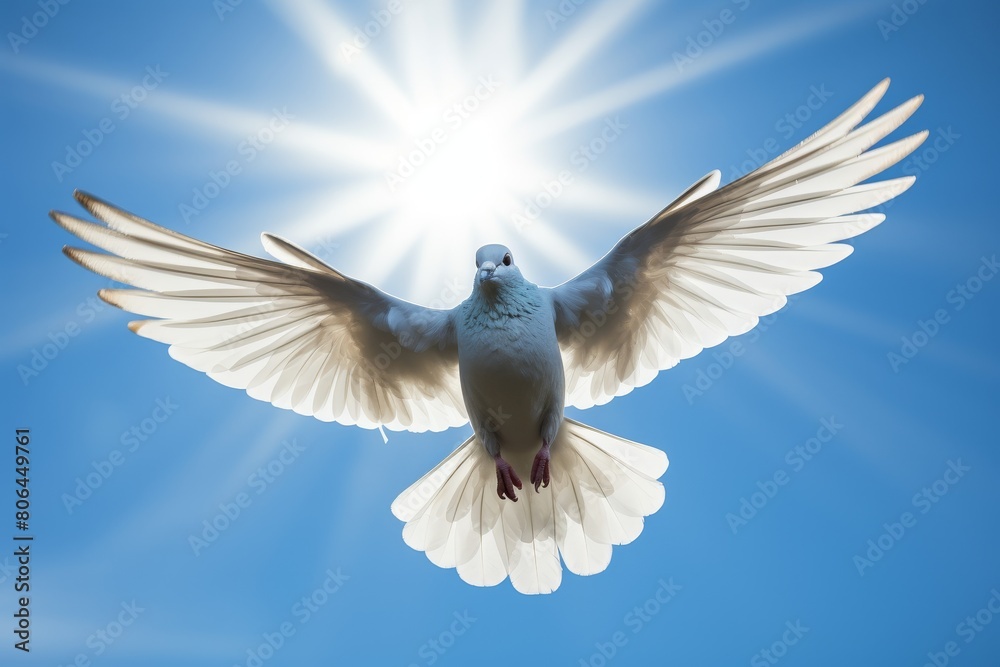 Fototapeta premium Majestic white dove with wings spread against blue sky