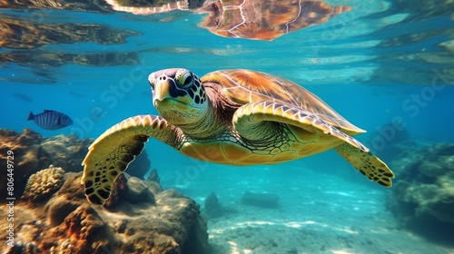 Colorful sea turtle swimming in tropical ocean