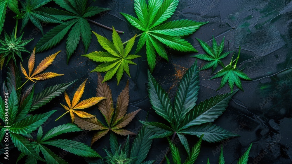 Various colored cannabis leaves contrast against a dark backdrop, representing diverse strains of medical marijuana, Ai Generated.