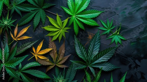 Various colored cannabis leaves contrast against a dark backdrop  representing diverse strains of medical marijuana  Ai Generated.