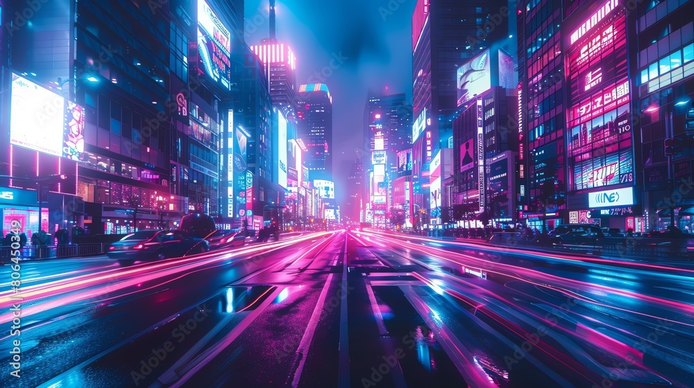 Illustrate a bustling cityscape with a futuristic twist, seen from a tilted angle view with a warped perspective, emphasizing neon lights and sleek architecture in a digital rendering with glitch art