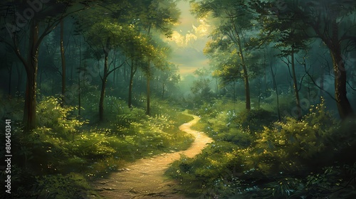 For a captivating oil painting, illustrate a serene landscape showcasing a winding path disappearing into a lush forest Let the viewer feel the mystery and allure of the unknown through your brushstro photo
