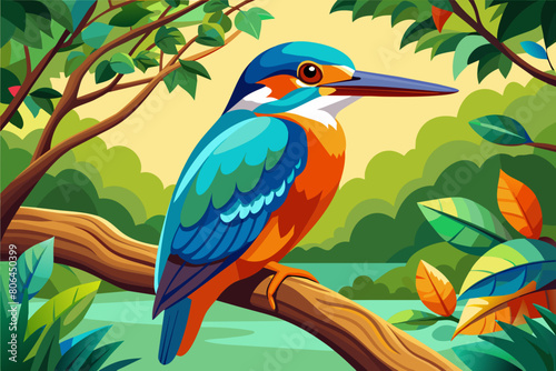 colorful kingfisher sits on tree, silhouette, Vector illustration, icon, svg, characters, Holiday t shirt, Hand drawn trendy Vector illustration, blue bird on a branch