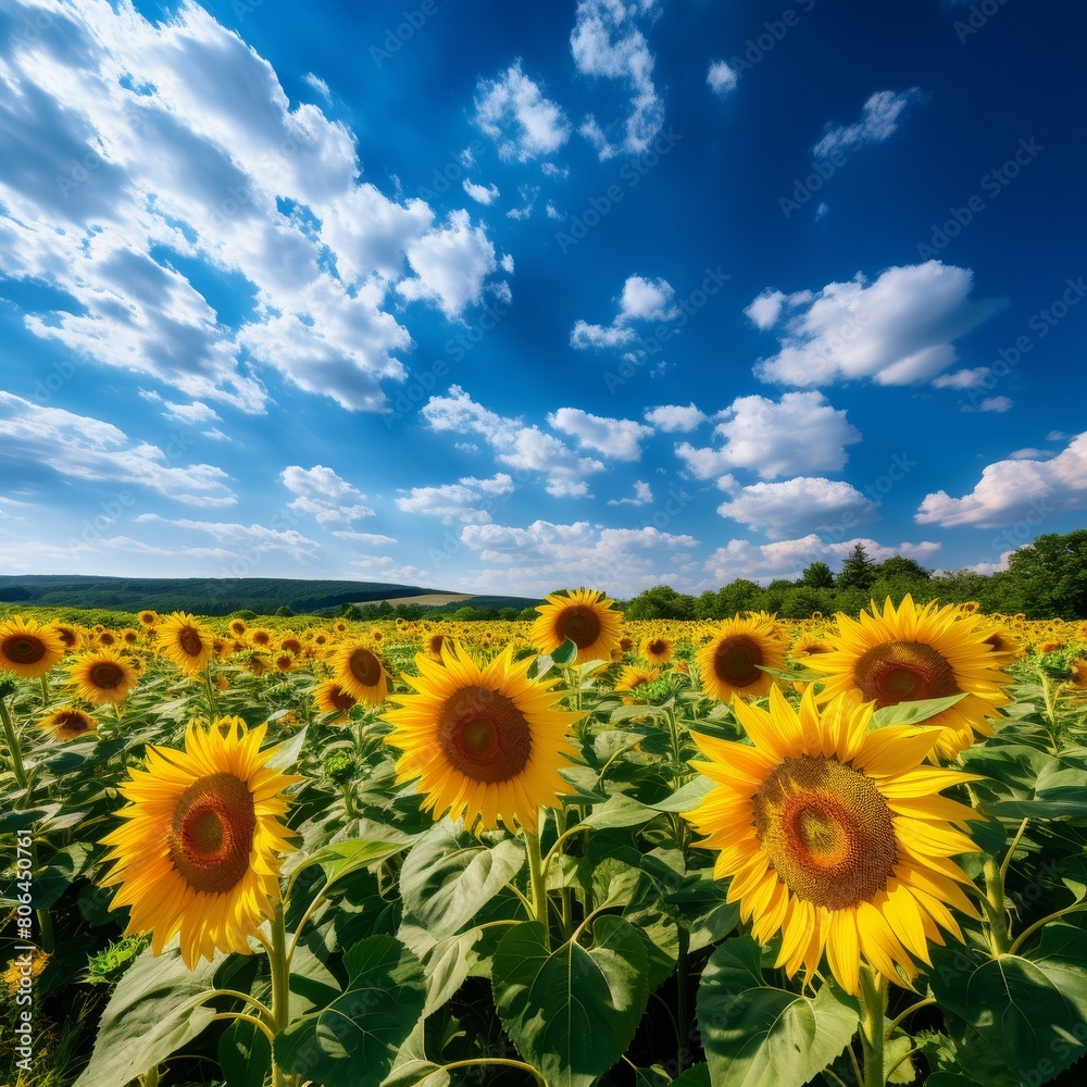 Fototapeta premium Vibrant sunflower field under blue sky