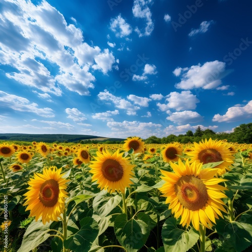 Vibrant sunflower field under blue sky