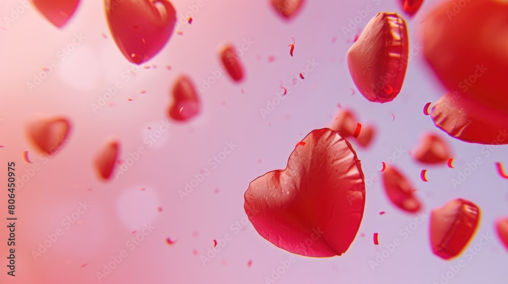 Fototapeta premium Festive Valentine's Day background flying red hearts against pink backdrop, Ai Generated.