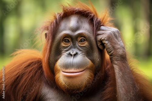 close up of a thoughtful orangutan photo