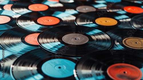 Vintage vinyl records create a retro-style music background. Ai Generated