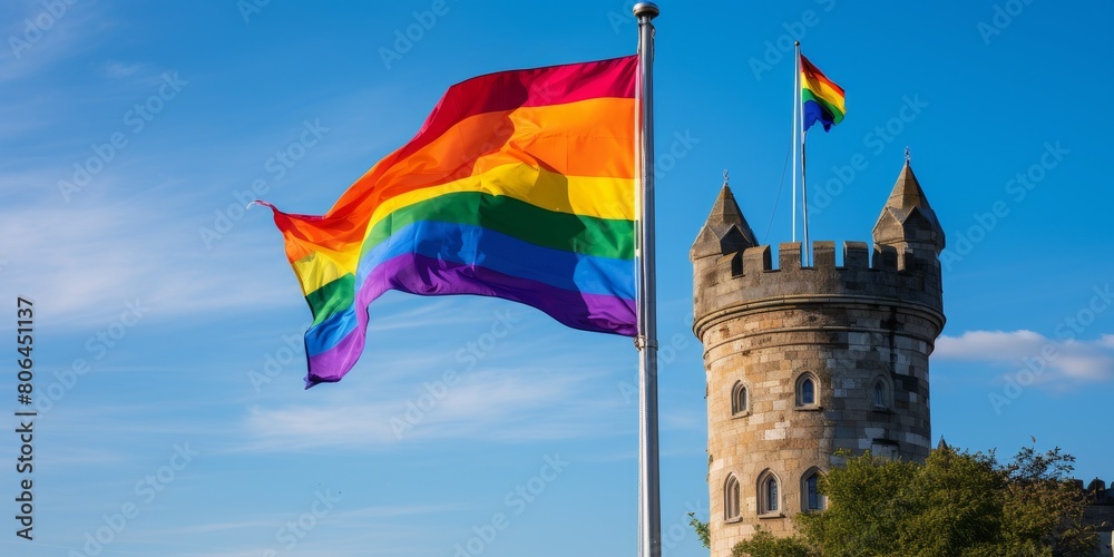 rainbow pride flag waving in front of historic castle
