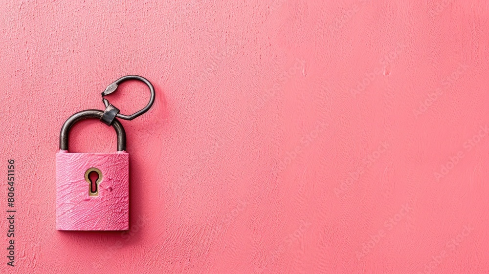 Open pink padlock on textured background Open pink padlock on textured background